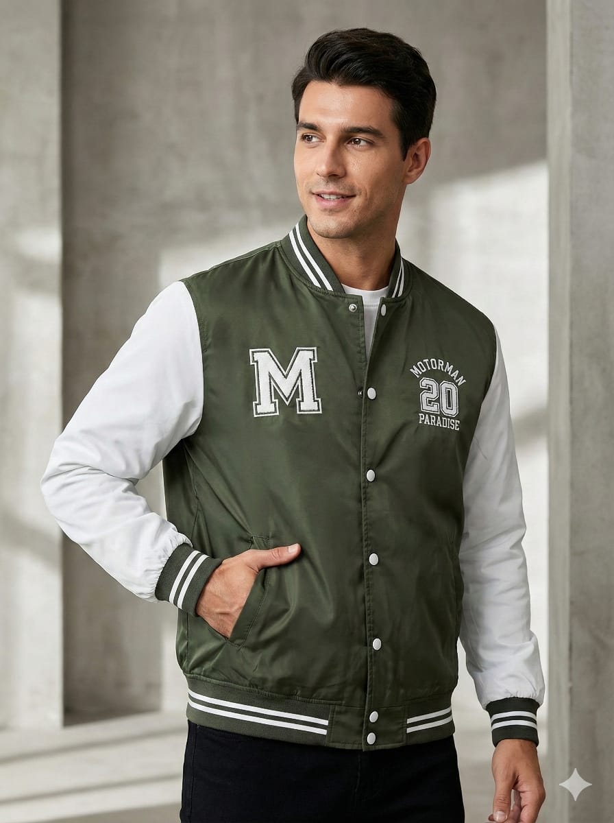Motor Man Varsity Bomber Jacket – Olive & White
